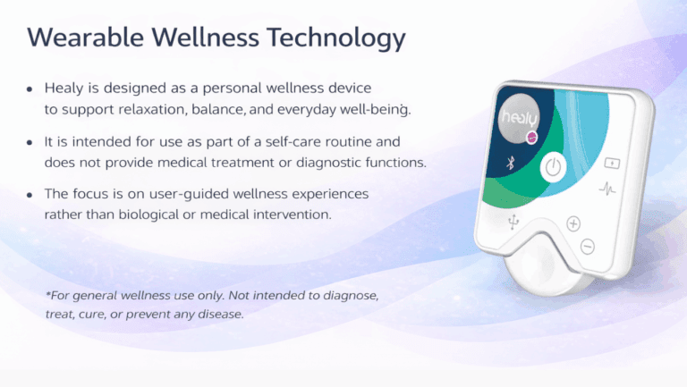 An informational graphic for Healy wearable wellness technology. The image shows the compact, white Healy device featuring a power button and Bluetooth icon, set against a flowing purple and blue background. The text highlights its use for relaxation, balance, and everyday well-being as part of a self-care routine.